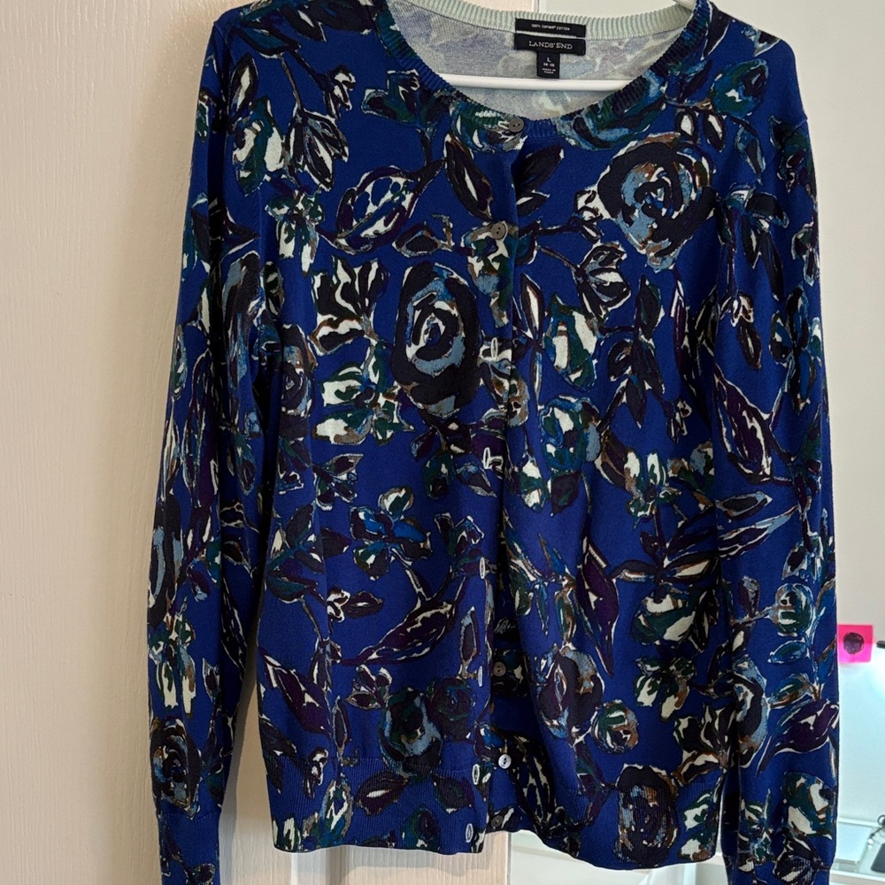 Lands' End Women's Long Sleeve Blue Floral cardigan